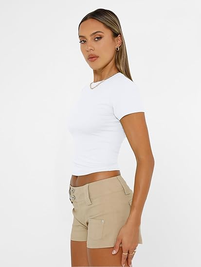 Womens Short Sleeve T Shirts - Buttery Soft Summer Crop Tops Slim Fit Y2k Basic Tees for Workout